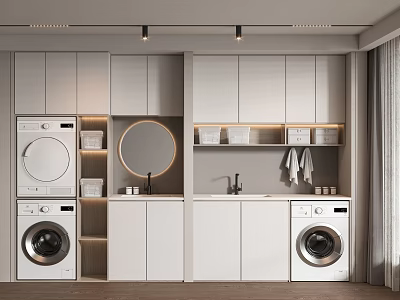 Modern Bathroom Cabinetry With Round Mirror Washing Machines And Storage Shelves 3d model