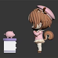 Cartoon Girl With Brown Hair Green Eyes And Pink Pig Creature On Purple White Box