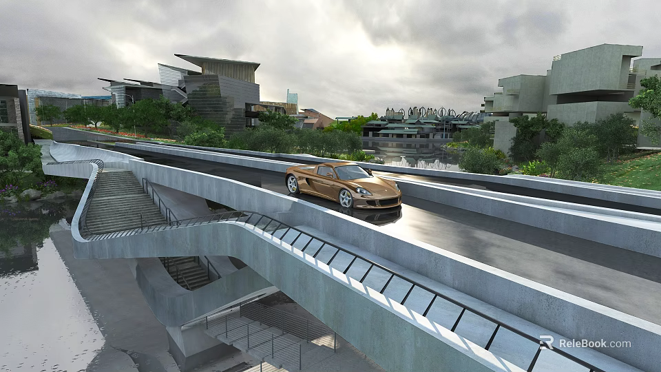 Modern Urban Bridge With Golden Sports Car Driving And Surrounding Modern Buildings Greenery 3d model 