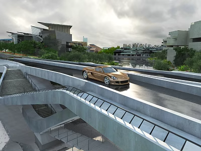 Modern Urban Bridge With Golden Sports Car Driving And Surrounding Modern Buildings Greenery 3d model