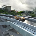 Modern Urban Bridge With Golden Sports Car Driving And Surrounding Modern Buildings Greenery