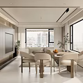 Modern Living And Dining Room Interior With Grey Sofa White Armchair And Large Windows