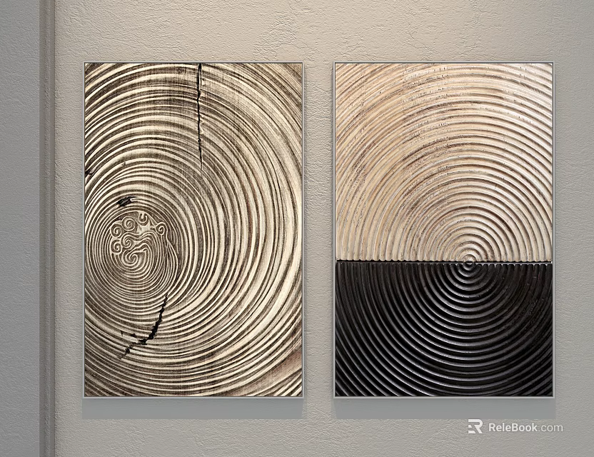 Plant Art Paintings with Tree Ring Patterns Two Panel Decorative Wall Artwork 3d model