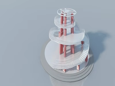 Hinged Door Design In Spiral Structure With White And Red Platforms And Pillars 3d model