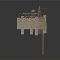 Ancient Architectural Scene Component With Stone Wall Wooden Stairs Crane Tiled Roof And Hanging Vessels