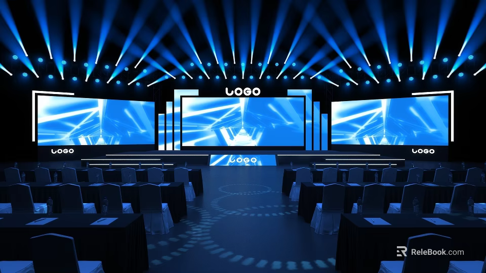 Modern Stage Design With Blue Lighting Multiple Screens And Logo 3d model