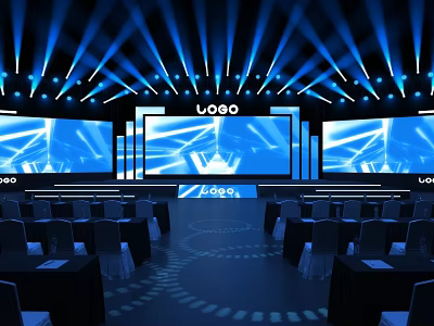 Modern Stage Design With Blue Lighting Multiple Screens And Logo 3d model