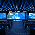 Modern Stage Design With Blue Lighting Multiple Screens And Logo 3d model
