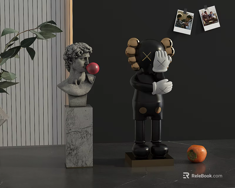 Decorative Ornament Combination With Classical Bust Black Doll Green Leaves Wall Photos And Orange Fruit 3d model 