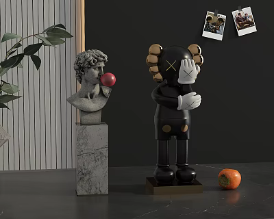 Decorative Ornament Combination With Classical Bust Black Doll Green Leaves Wall Photos And Orange Fruit 3d model