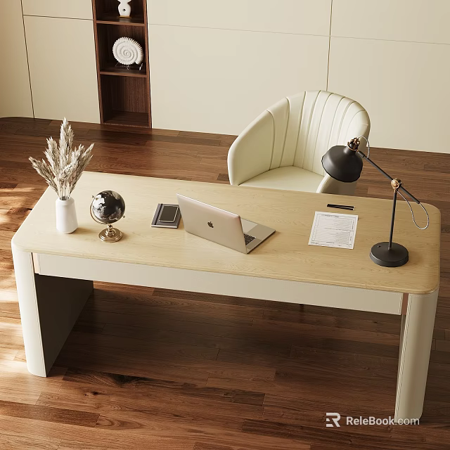 Modern Wooden Desk With White Chair Laptop Globe Desk Lamp Notebook And Dried Flowers Vase 3d model 