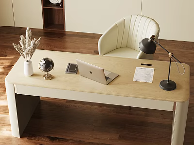 Modern Wooden Desk With White Chair Laptop Globe Desk Lamp Notebook And Dried Flowers Vase 3d model