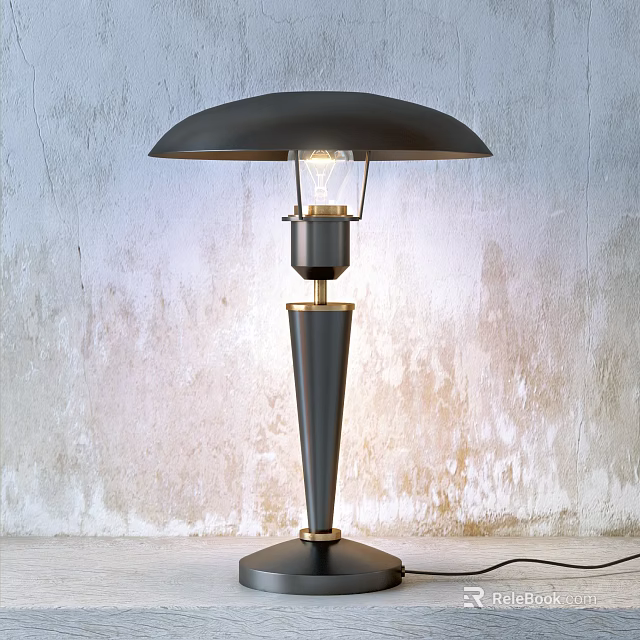 Sleek Black Umbrella Shaped Table Lamp With Conical Metal Base And Concrete Wall Background 3d model 