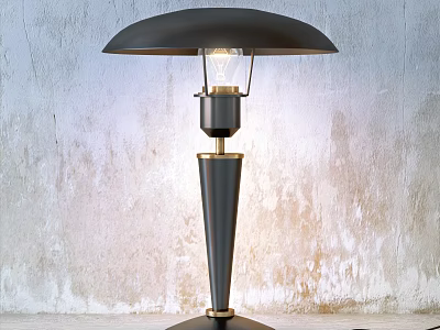 Sleek Black Umbrella Shaped Table Lamp With Conical Metal Base And Concrete Wall Background 3d model