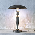 Sleek Black Umbrella Shaped Table Lamp With Conical Metal Base And Concrete Wall Background