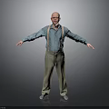 Bald Man Standing in Blue Shirt and Beige Suspenders with Arms Outstretched Against Gray Background