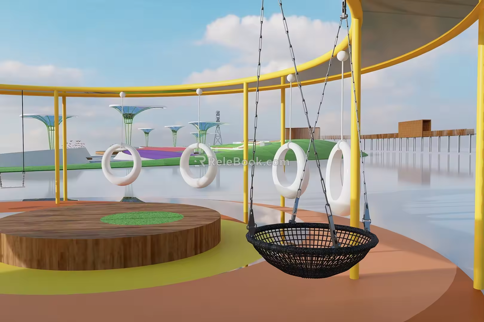 Park landscape node children play umbrellas tree pool seats 3d model