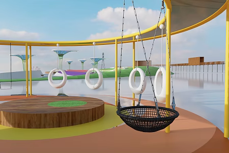 Park landscape node children play umbrellas tree pool seats 3d model