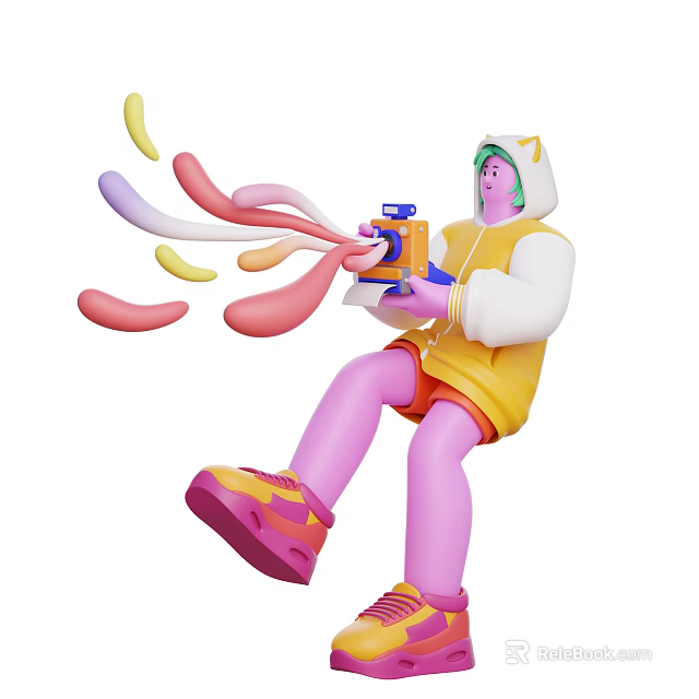 Woman in yellow and white hoodie pink pants holding toy gun shooting colorful streams 3d model 