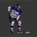 Man Dressed As Hockey Player Wearing Helmet And Holding Hockey Stick On Ice