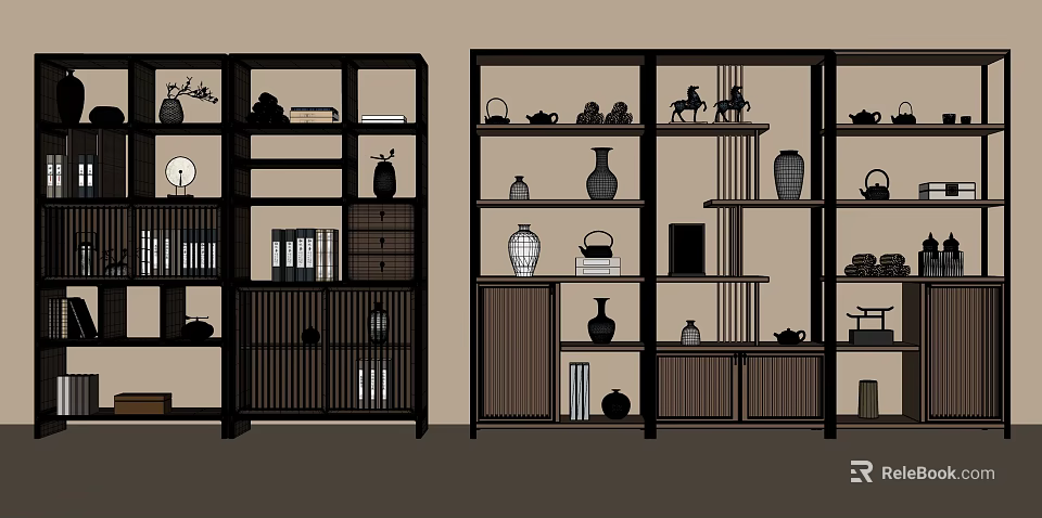 Traditional Chinese Wooden Curio Cabinet With Vases Sculptures Tea Sets And Books 3d model 