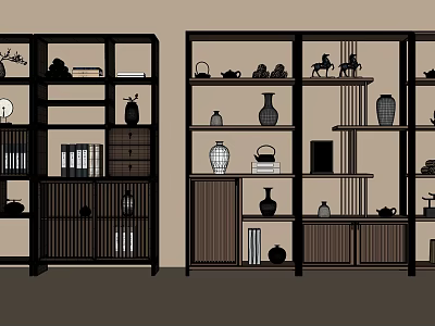 Traditional Chinese Wooden Curio Cabinet With Vases Sculptures Tea Sets And Books 3d model