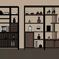 Traditional Chinese Wooden Curio Cabinet With Vases Sculptures Tea Sets And Books