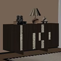 Modern Entryway Side Cabinet With Table Lamp Decorative Statues Books And Patterned Rug 3d model