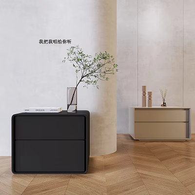 Minimalist Black And Beige Bedroom Nightstands With Vase Books And Wooden Floor 3d model