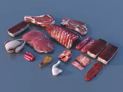 Assorted Fresh Raw Meat Cuts Including Steak Ribs Sausages And Chicken Pieces 3d model