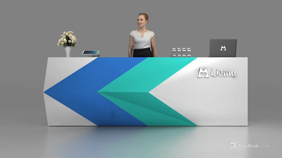 Modern White Blue Green Geometric Reception Desk With Vase Tablet Laptop And Liemu Logo 3d model 