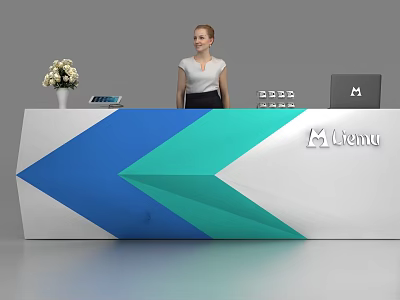 Modern White Blue Green Geometric Reception Desk With Vase Tablet Laptop And Liemu Logo 3d model