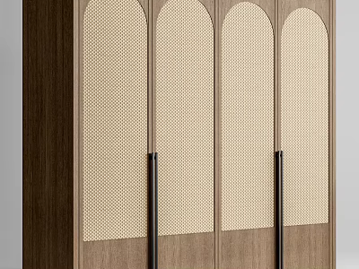 Modern Wooden Wardrobe With Linen Panel Doors And Black Metal Handles 3d model