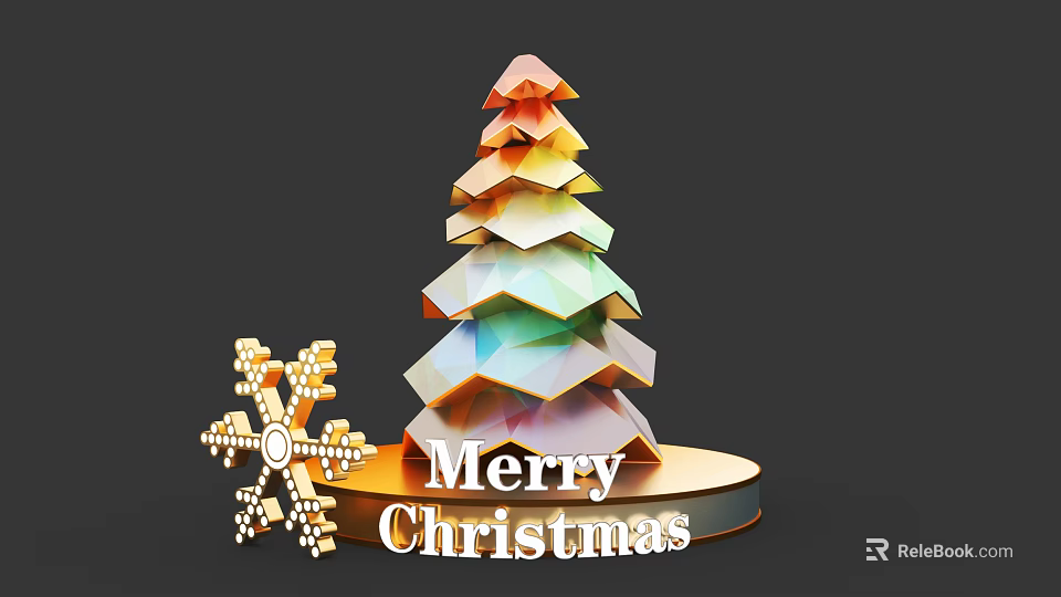 Colorful Geometric Christmas Tree With Snowflake Decoration And Merry Christmas Text 3d model 