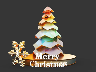 Colorful Geometric Christmas Tree With Snowflake Decoration And Merry Christmas Text 3d model