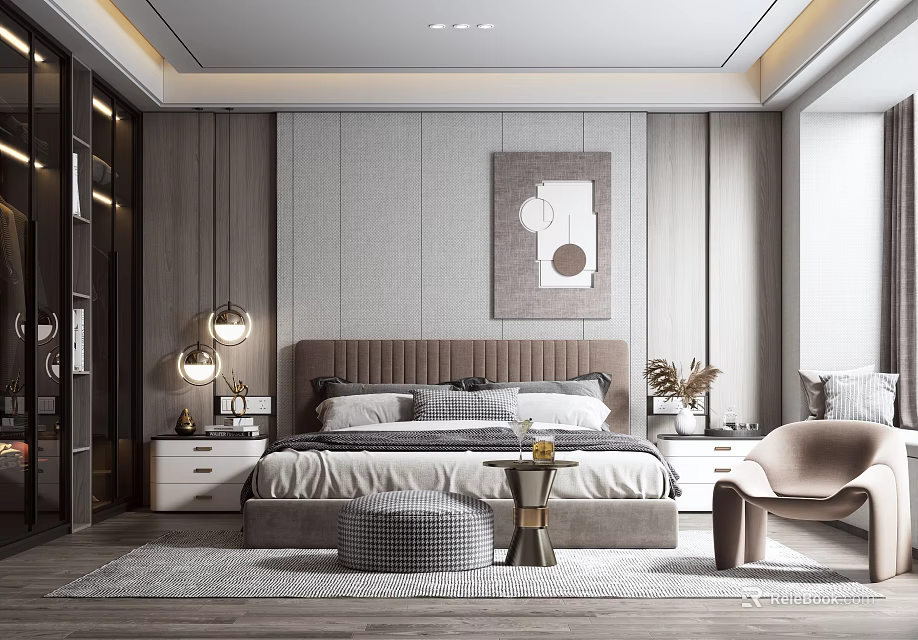 Elegant Modern Bedroom Interior With Upholstered Headboard Decorative Artwork Table Lamps And Armchair Rug 3d model 