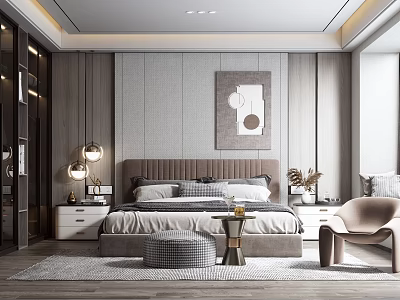 Elegant Modern Bedroom Interior With Upholstered Headboard Decorative Artwork Table Lamps And Armchair Rug 3d model