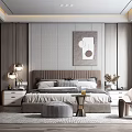 Elegant Modern Bedroom Interior With Upholstered Headboard Decorative Artwork Table Lamps And Armchair Rug