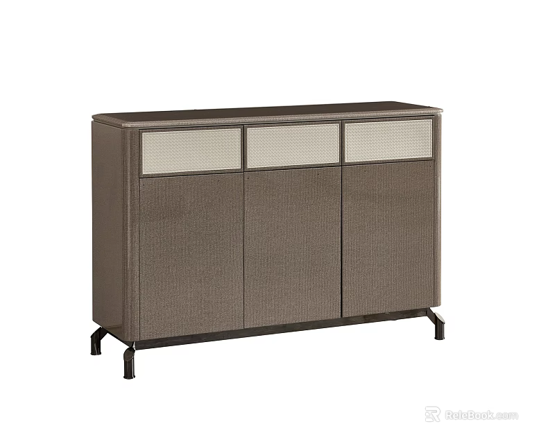 Modern Dark Brown Sideboard With Three Doors And Woven Texture Panels On Black Metal Legs 3d model 