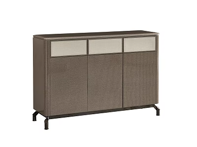 Modern Dark Brown Sideboard With Three Doors And Woven Texture Panels On Black Metal Legs 3d model