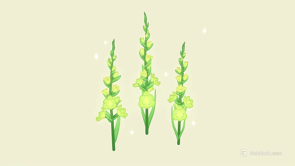 Cartoon Scene With Three Green Stemmed Plants Bearing Yellow Flowers And Sparkles 3d model 