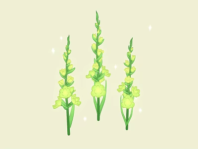 Cartoon Scene With Three Green Stemmed Plants Bearing Yellow Flowers And Sparkles 3d model