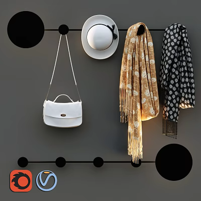 Wall Hooks with White Handbag Hat Golden Scarf and Polka Dot Scarf on Grey Wall 3d model
