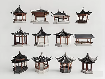 Traditional Chinese Ancient Architecture Pavilions Models With Various Roof Styles And Wooden Structures 3d model