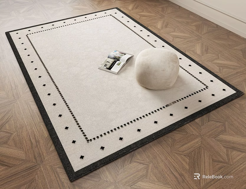 Square Beige Rug With Black Border On Geometric Wooden Floor Featuring Magazine And Decorative Stone 3d model 