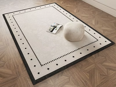 Square Beige Rug With Black Border On Geometric Wooden Floor Featuring Magazine And Decorative Stone 3d model