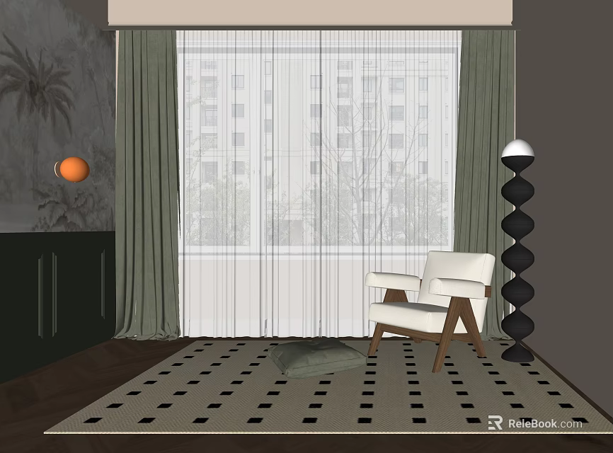 Green Curtains with White Sheer Panels in Modern Living Room with City View 3d model 