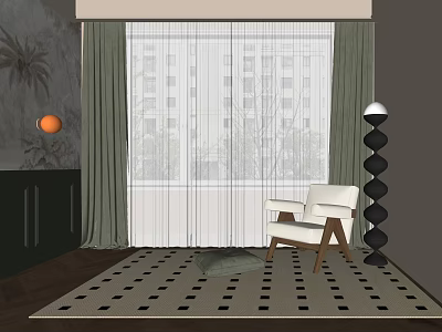 Green Curtains with White Sheer Panels in Modern Living Room with City View 3d model
