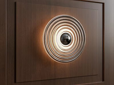 Modern Circular Wall Lamp With Layered Rings And Central Sphere On Wooden Panel 3d model