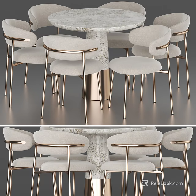 Elegant Modern Dining Table Set With Marble Top Upholstered Seats And Gold Metal Legs 3d model 